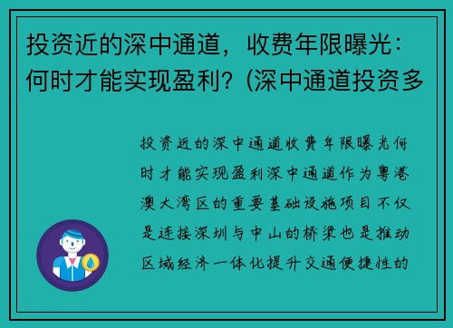 投资近的深中通道，收费年限曝光：何时才能实现盈利？(深中通道投资多少)