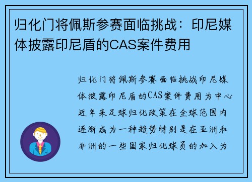 归化门将佩斯参赛面临挑战：印尼媒体披露印尼盾的CAS案件费用