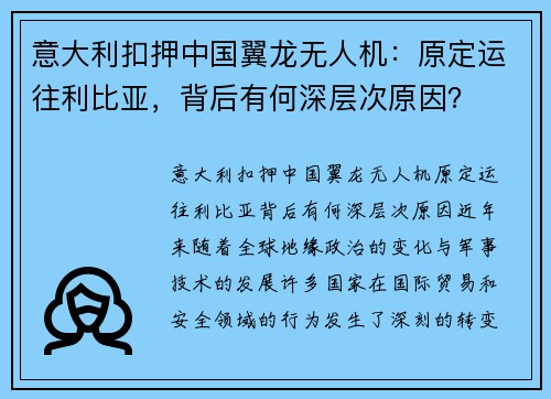 意大利扣押中国翼龙无人机：原定运往利比亚，背后有何深层次原因？