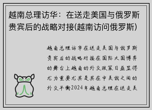 越南总理访华：在送走美国与俄罗斯贵宾后的战略对接(越南访问俄罗斯)